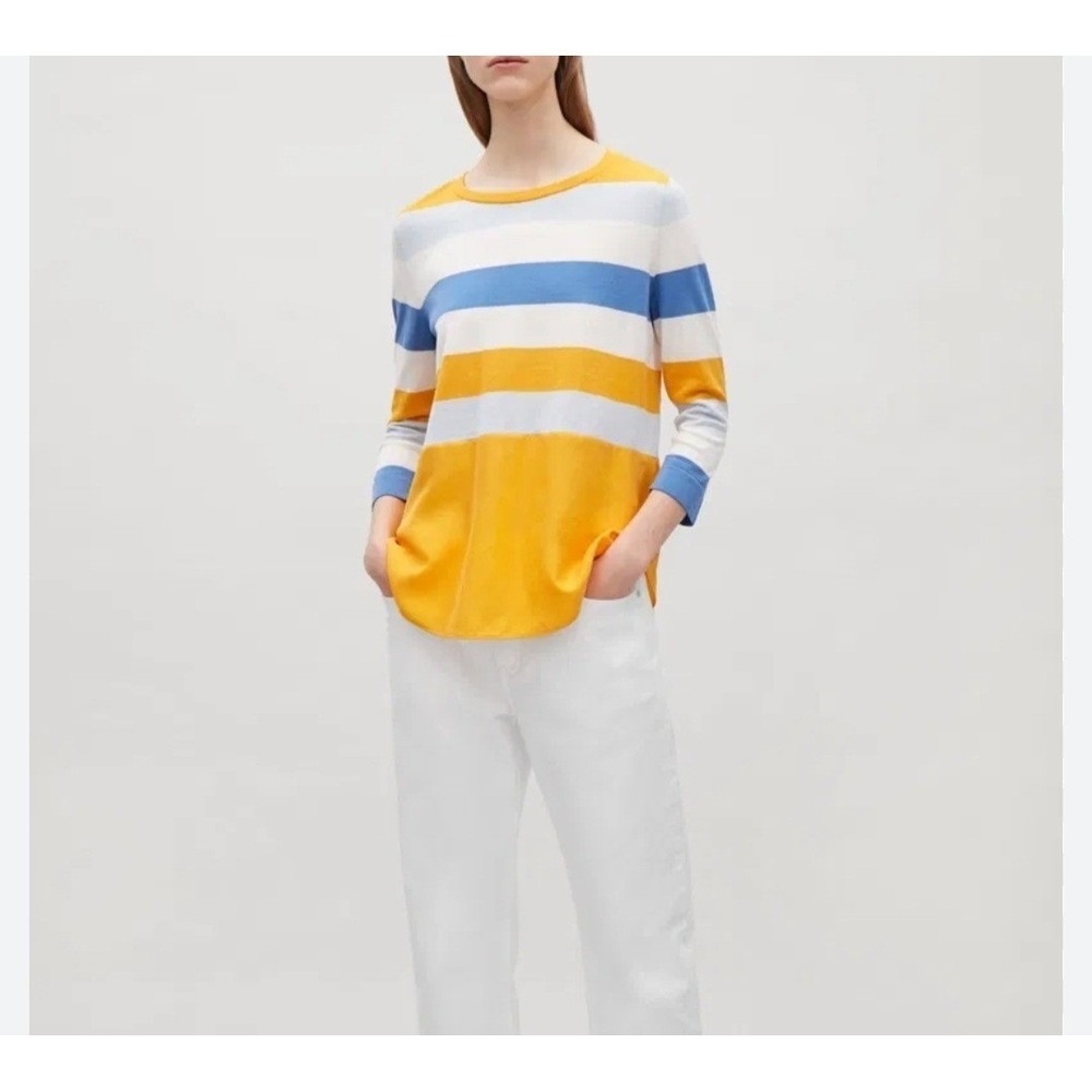 COS Knitted Panel Blouse Top Sz M Yellow Blue Cotton Silk Preppy Old Money Luxur